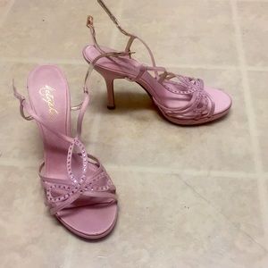 Pink Satin Strappy Heels with Rhinstones